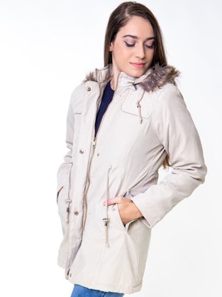 Parka De Sarja Feminino Adulto Com Capuz  Detalhe De Pelo  PFS103 Proxy Bege