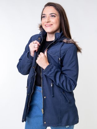 Parka De Sarja Feminino Adulto Com Capuz Detalhe De Pelo PFS103 Proxy Marinho