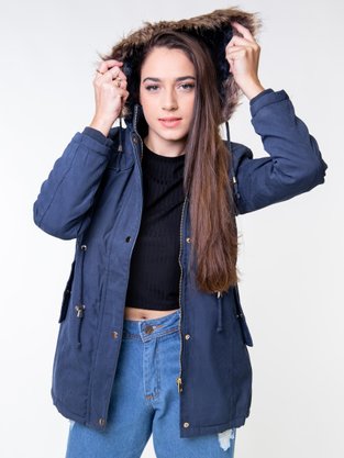 Parka De Sarja Feminino Adulto Com Capuz Detalhe De Pelo PFS103 Proxy Marinho