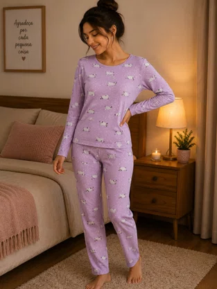 Pijama Feminino Adulto Em Suede Estampado 9200 Kanto Dos Sonhos Lilás