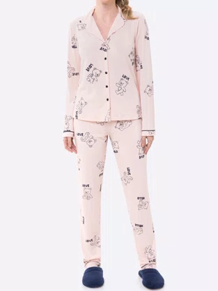 Pijama Feminino Com Botões Estampa Urso 6144 Bocejinho Salmão