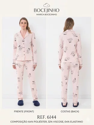Pijama Feminino Com Botões Estampa Urso 6144 Bocejinho Salmão