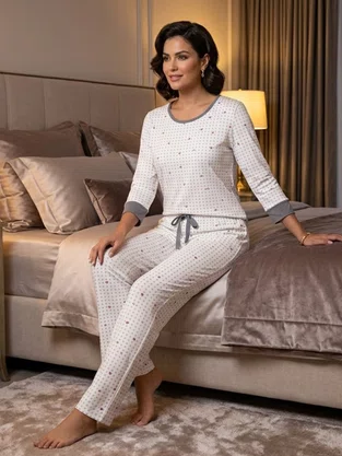 Pijama Feminino Com Punho Estampa Coração 5606 Bocejinho Off White