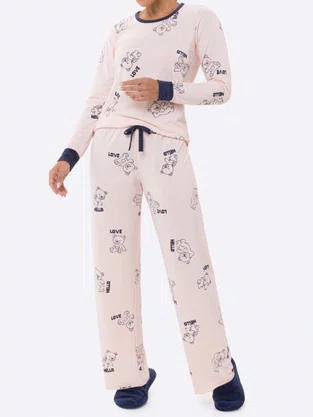 Pijama Feminino Com Punho Estampa Urso 5606 Bocejinho Salmão