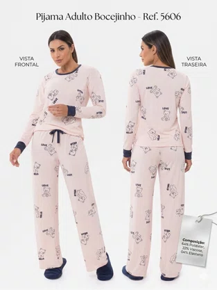 Pijama Feminino Com Punho Estampa Urso 5606 Bocejinho Salmão