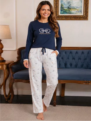 Pijama Feminino Estampa Ovelha 5604 Bocejinho Marinho e Branco