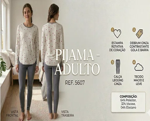 Pijama Feminino Legging Coração 5607 Bocejinho Branco e Cinza