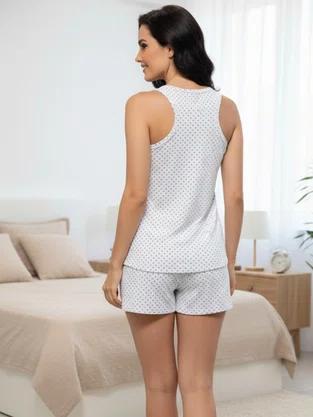 Pijama Feminino Regata Nadador e Shorts 5302 Doce Luar Poá Branco e Preto