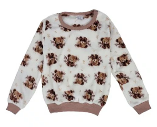 Pijama Fleece Feminino Infantil 2-8 5813 Doce Luar Creme e Marrom