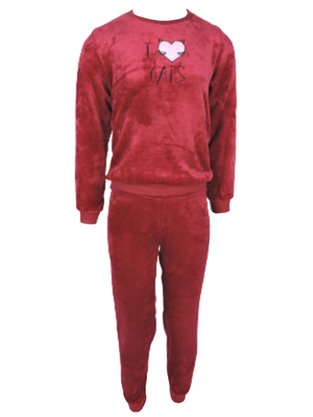 Pijama Longo Fleece Bordado Feminino Juvenil 5809 Kanto Dos Sonhos Bordo