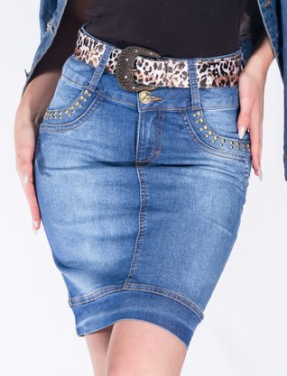 Saia Jeans Feminina Adulto Cós Alto Com Cinto E Detalhe De Tachas Elegance Pikuxa Jeans