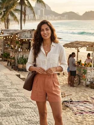 Shorts Em Viscolinho Feminino Adulto 1.703368 Lecimar Bege Outono