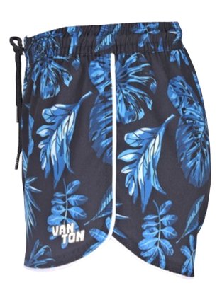Shorts Tactel Feminino Estampa Folhagem 332051 Vanton Preto e Azul