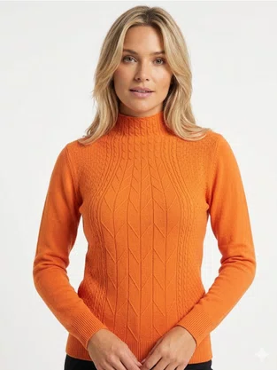 Suéter Feminino Gola Alta Modal trabalhado 2452 Dunialin Laranja