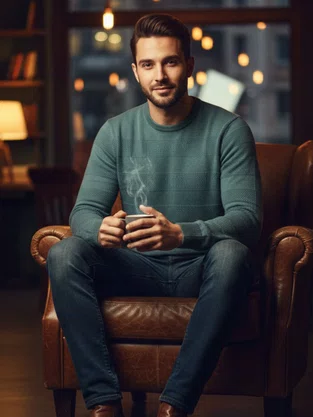 Suéter Masculino Gola Redonda Modal Trabalhado S03225 Dunialin Verde