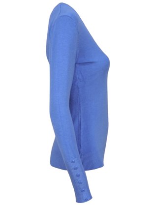 Suéter Tricô Feminino Detalhe Punho Com Botões 2453 Dunialin Azul