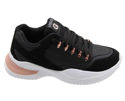 Tênis Feminino Casual Flamê 22490P Logus Preto e  Rosê