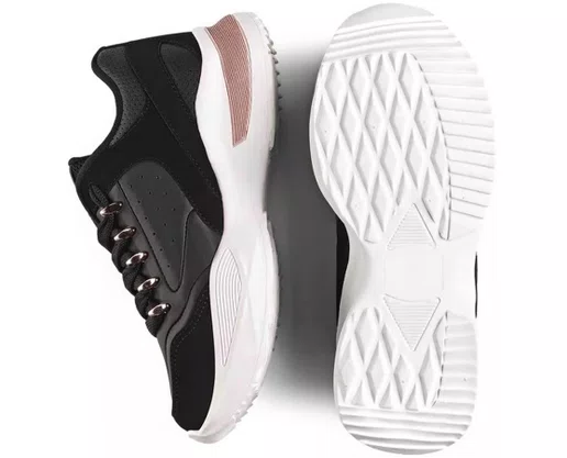 Tênis Feminino Casual Flamê 22490P Logus Preto e  Rosê