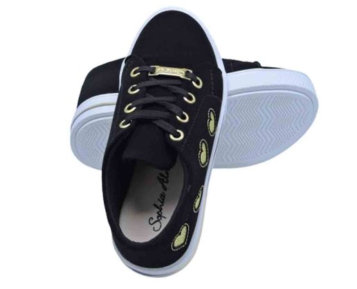 Tênis Feminino Infantil Nobuk Detalhe Coração 633C4 Sophia Almeida Preto e Dourado