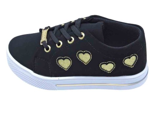 Tênis Feminino Infantil Nobuk Detalhe Coração 633C4 Sophia Almeida Preto e Dourado