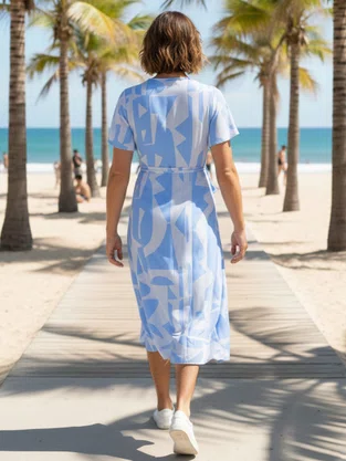 Vestido Envelope Midi Manga Curta V566T Vila Flor Gelo e Azul Claro