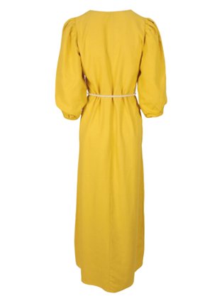 Vestido Feminino Midi Em Linho Com Amarração Hahl Hering Amarelo