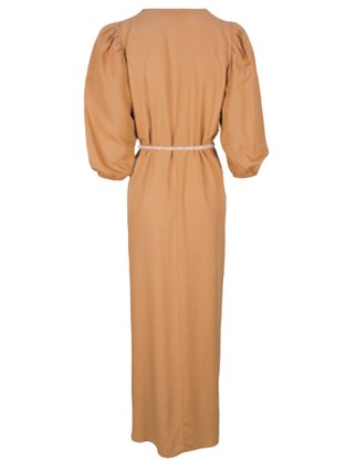 Vestido Feminino Midi Em Linho Com Amarração Hahl Hering Bege Escuro
