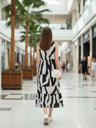 Vestido Midi Feminino Adulto Sem Manga Plus Size Estampado V224T Vila Flor Preto e Branco