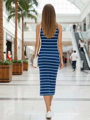 Vestido Midi Feminino Decote V Listrado 1000123823 Malwee Azul e Branco