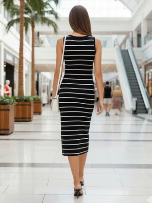 Vestido Midi Feminino Decote V Listrado 1000123823 Malwee Preto e Branco
