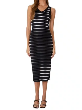 Vestido Midi Feminino Decote V Listrado 1000123823 Malwee Preto e Branco