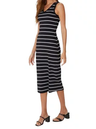 Vestido Midi Feminino Decote V Listrado 1000123823 Malwee Preto e Branco