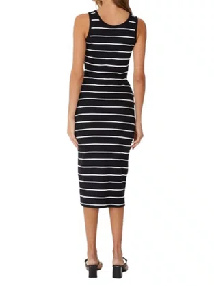 Vestido Midi Feminino Decote V Listrado 1000123823 Malwee Preto e Branco