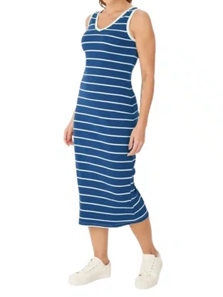 Vestido Midi Feminino Decote V Listrado 1000123823 Malwee Azul e Branco