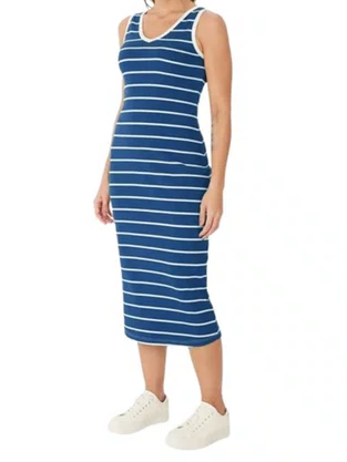 Vestido Midi Feminino Decote V Listrado 1000123823 Malwee Azul e Branco