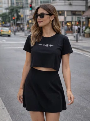 Blusa Cropped Manga Curta Feminina 125221008 Over Preto