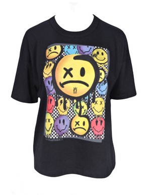 Blusa Feminina Adulto Manga Curta Estampa Emojis Colors 123222004 Over Preto
