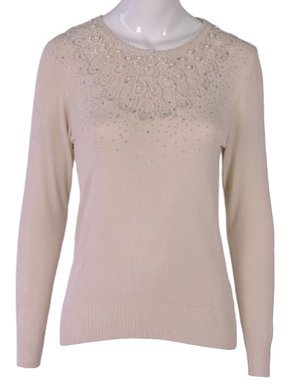 Blusa Feminina Adulto Manga Longa Linha Detalhe Strass e Pérola C&V Collection 1655 Bege
