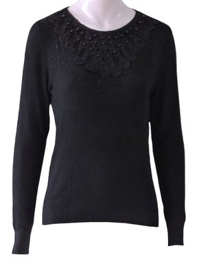 Blusa Feminina Adulto Manga Longa Linha Detalhe Strass e Pérola C&V Collection 1655 Preto