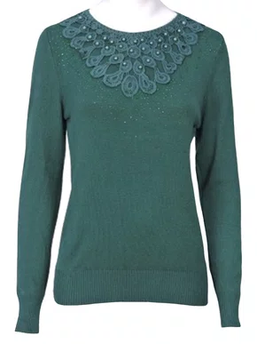 Blusa Feminina Adulto Manga Longa Linha Detalhe Strass e Pérola C&V Collection 1655 Verde