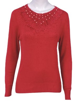 Blusa Feminina Adulto Manga Longa Linha Detalhe Strass e Pérola C&V Collection 1655 Vermelho