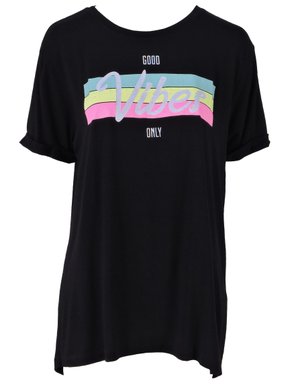 Blusa Manga Curta Feminina Adulta Plus Size Com Estampa Good Vibes 8814 Paty Gloss Preto