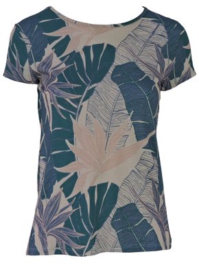 Blusa Manga Curta Feminina Adulto Estampada Folhas V0009 Vila Flor Areia E Verde