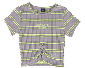 Blusa Manga Curta Feminina Juvenil Canelada Detalhe Bordado 35154 Young Class Cinza E Verde Limão