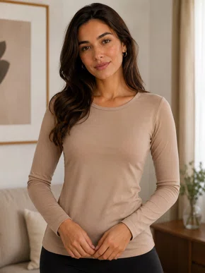 Blusa Térmica Feminina Decote Redondo Ellegante Bege