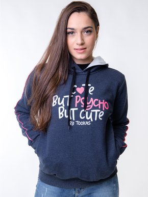Blusão de Moletom Feminino Adulto Detalhe Capuz Psycho 6831 Tookas Mescla Marinho