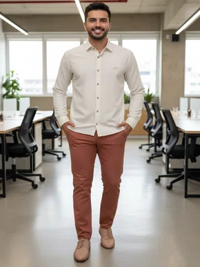 Camisa Manga Longa Casual Slim Efeito Masculina 1530022 Ogochi Bege