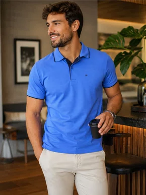 Camisa Polo Masculina Adulto Manga Curta Detalhe 10706 Sigosta Azul Hortência