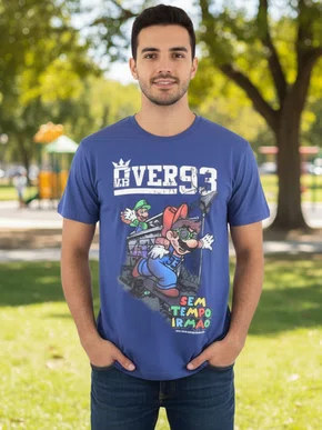 Camiseta Manga Curta Masculina Adulto Estampa Mario e Luigi 124211049 Over Marinho