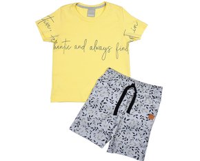 Conjunto Masculino Infantil 1-3 Camiseta e Bermuda Estampa Folhas 1000074122 Carinhoso Amarelo e Mescla